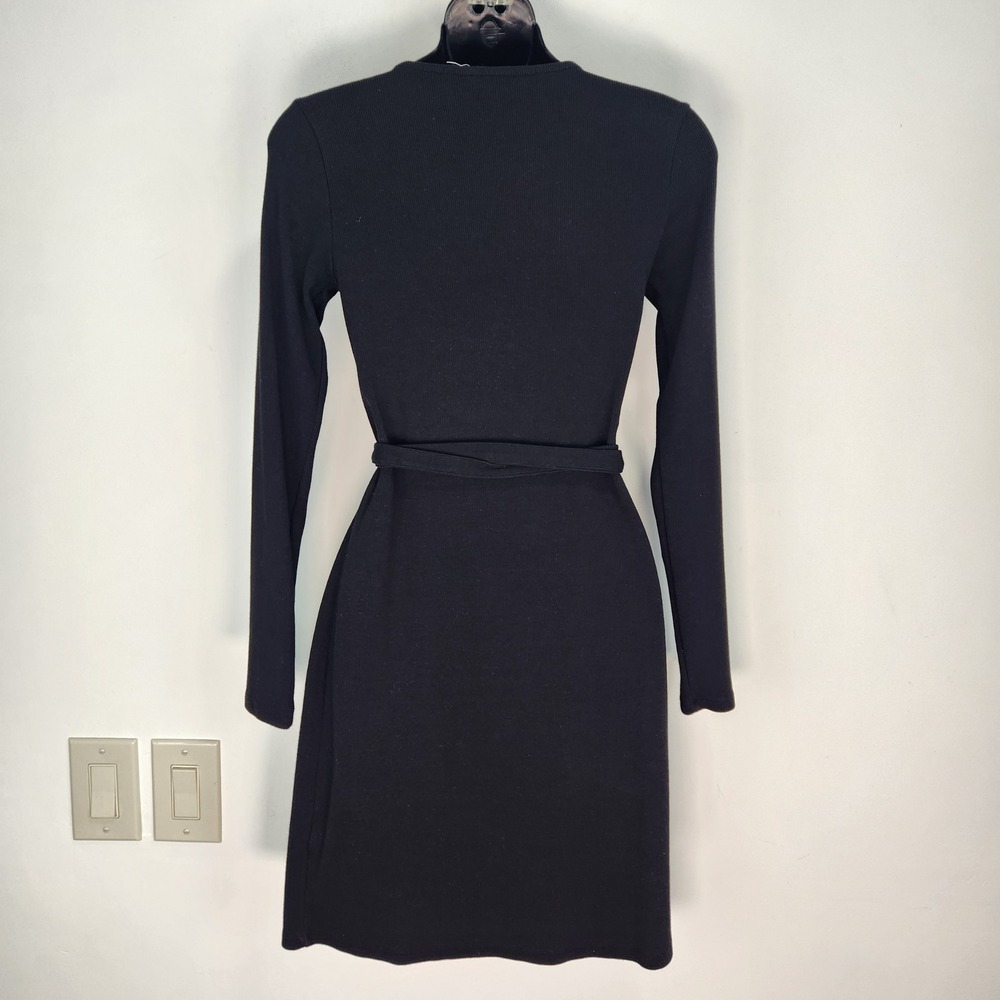 Boden Black Ribbed Knit Long Sleeve Wrap Dress D0777 Cotton Tencel Modal US 4R - Picture 2 of 10